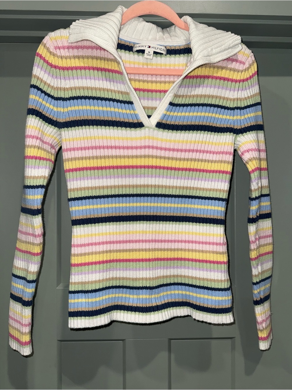 Vintage Y2K Tommy Hilfiger Women’s M 100% Cotton Ribbed Knit Striped Sweater